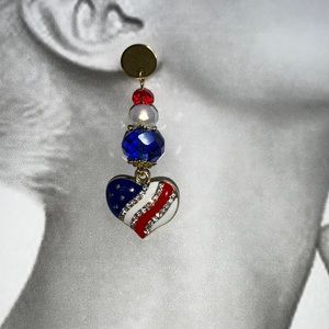 Patriotic Red White Blue Heart Pendant on Stud Post with Faceted Beads Earrings